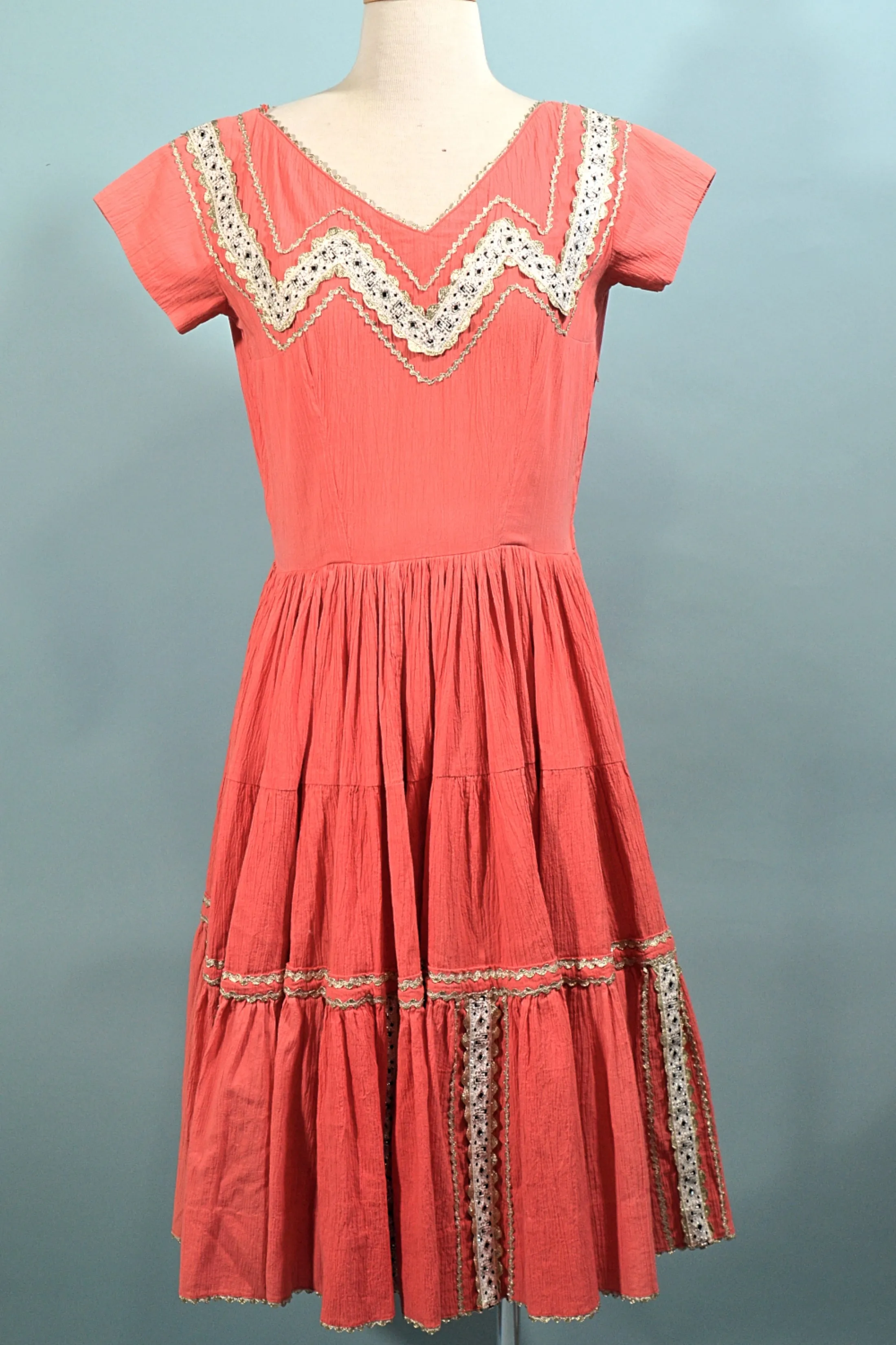 Vintage 50s Southwestern Patio Dress, Boho Square Dance Crepe Dress, M