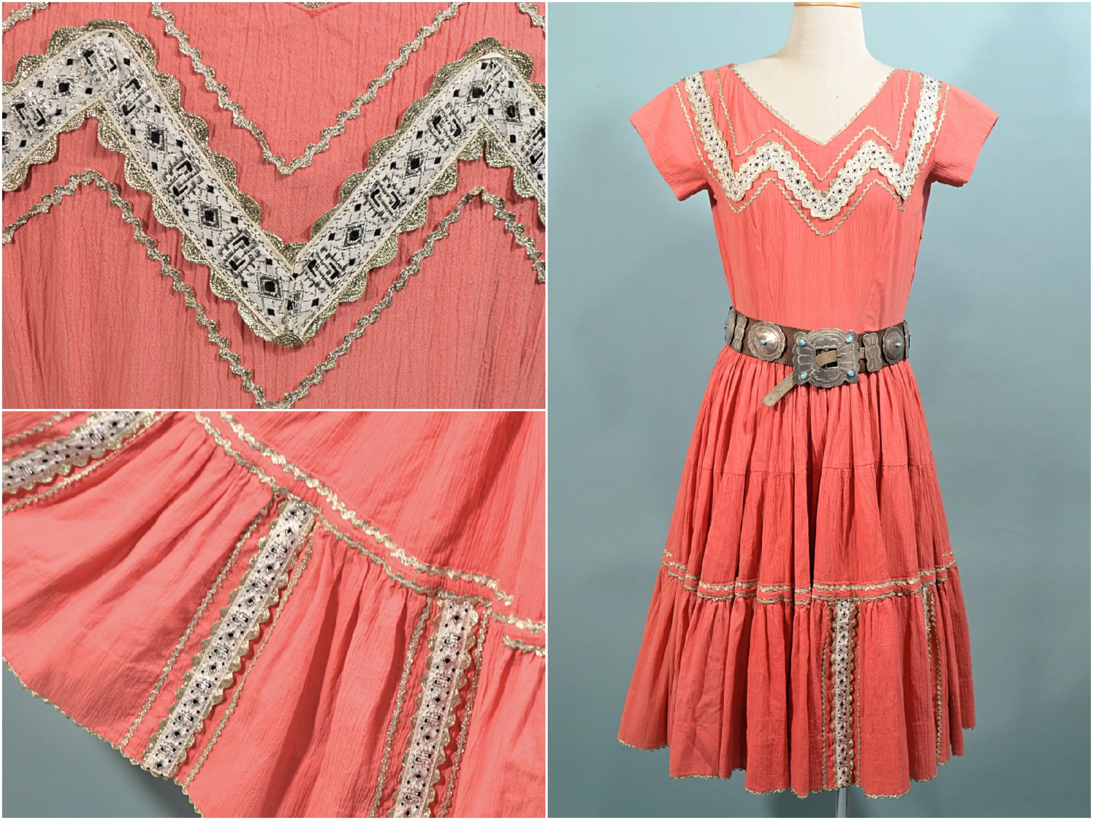 Vintage 50s Southwestern Patio Dress, Boho Square Dance Crepe Dress, M