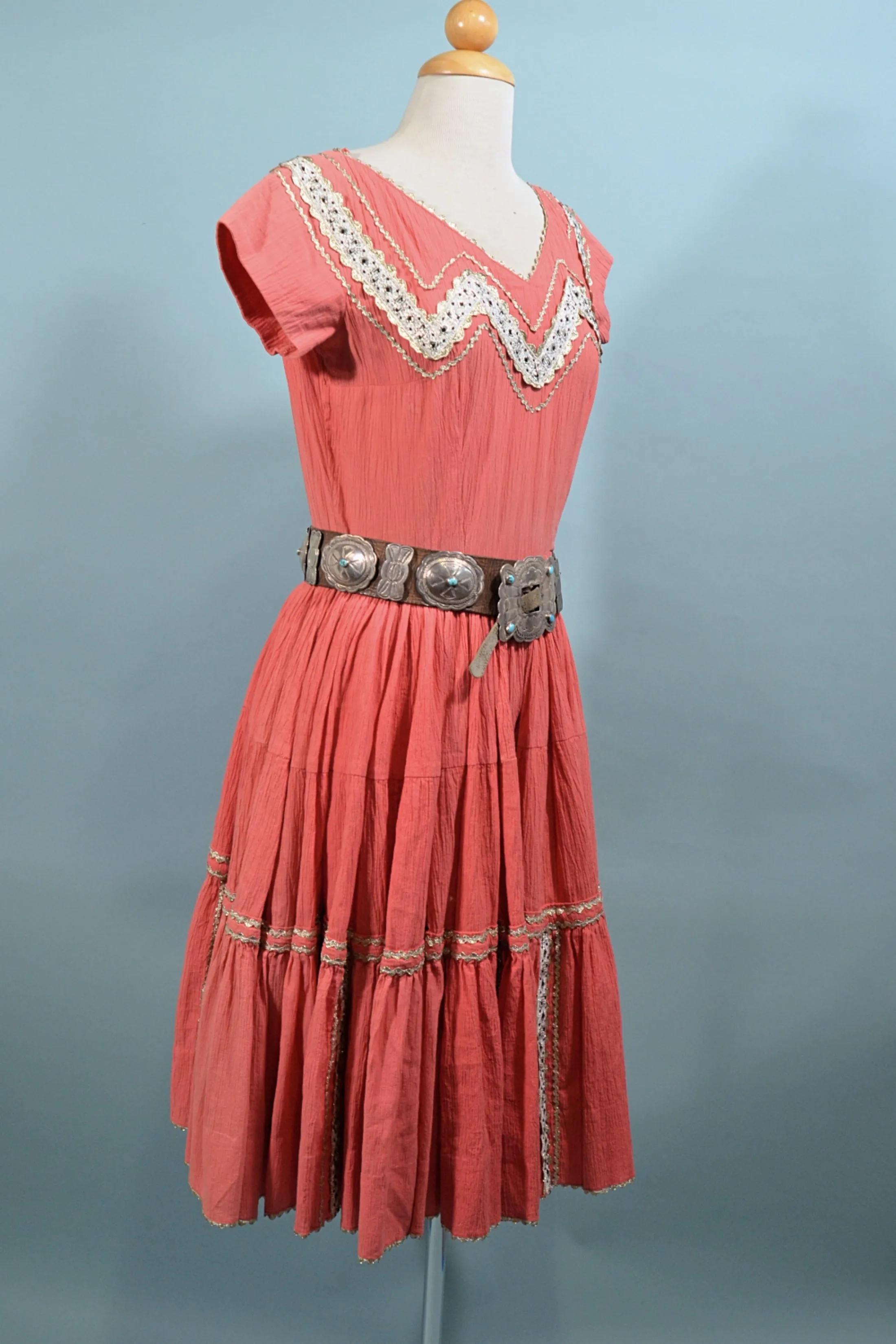 Vintage 50s Southwestern Patio Dress, Boho Square Dance Crepe Dress, M