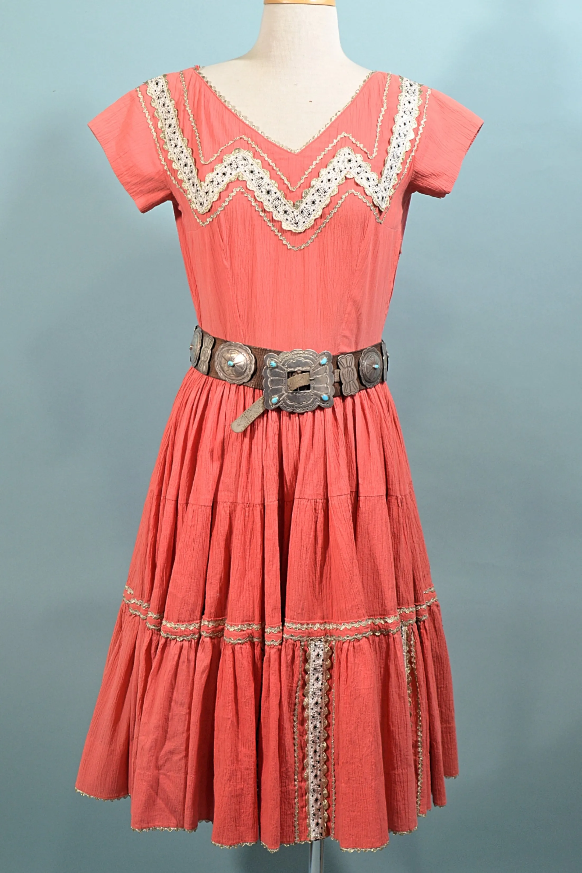 Vintage 50s Southwestern Patio Dress, Boho Square Dance Crepe Dress, M