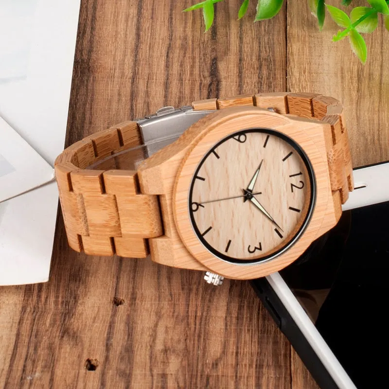 Wooden Bamboo Quartz Watch with Luminous Hands   Free Gift Box