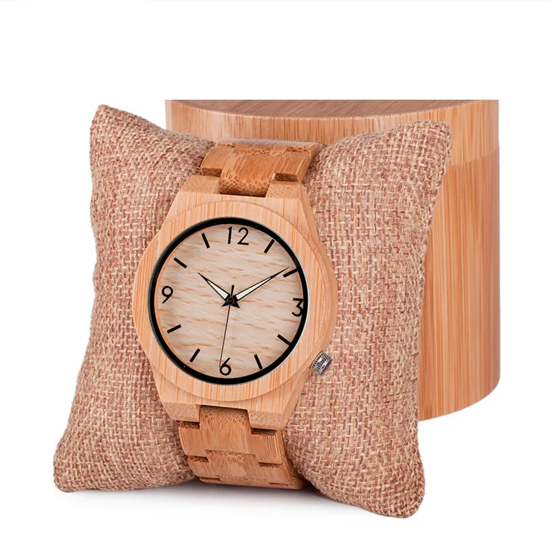 Wooden Bamboo Quartz Watch with Luminous Hands   Free Gift Box