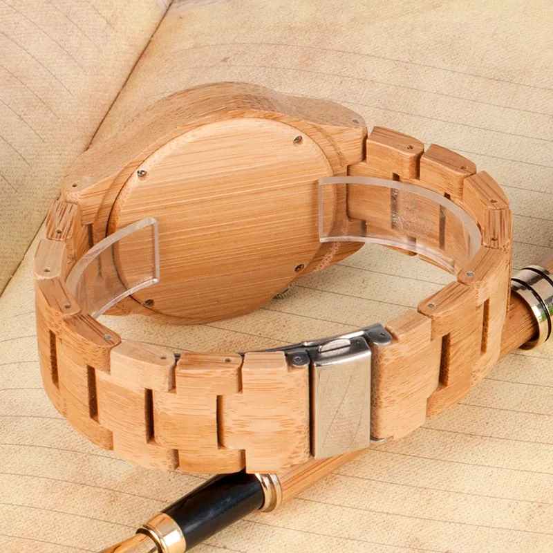 Wooden Bamboo Quartz Watch with Luminous Hands   Free Gift Box