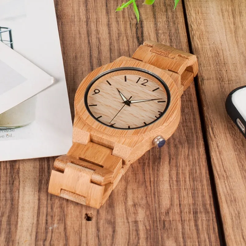 Wooden Bamboo Quartz Watch with Luminous Hands   Free Gift Box