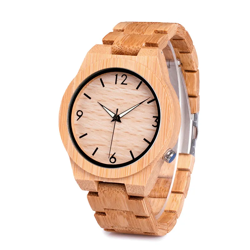 Wooden Bamboo Quartz Watch with Luminous Hands   Free Gift Box