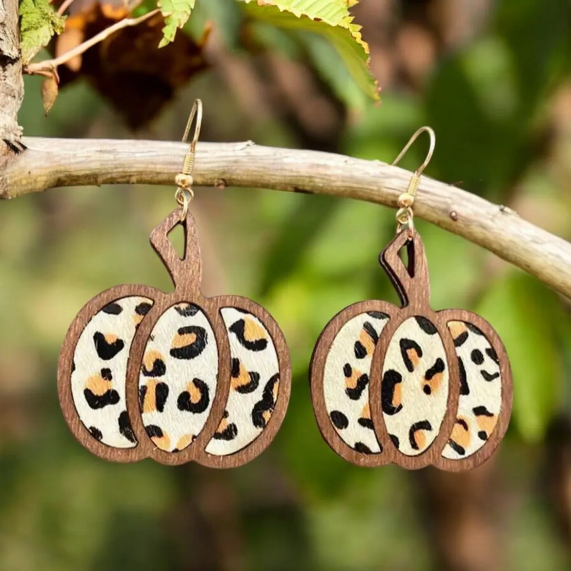 Wooden Leopard Print Pumpkin Earrings