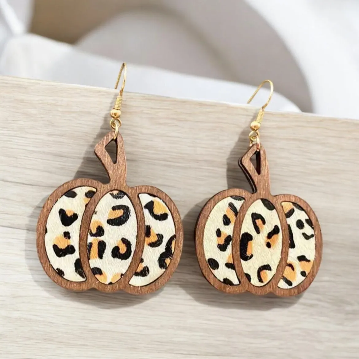 Wooden Leopard Print Pumpkin Earrings